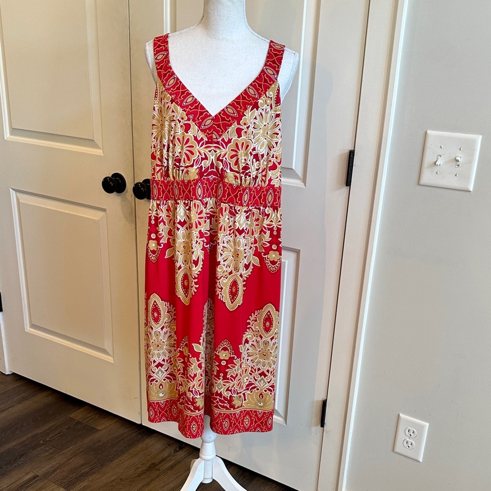 INC International Concepts Red and Gold Floral V-Neck Dress